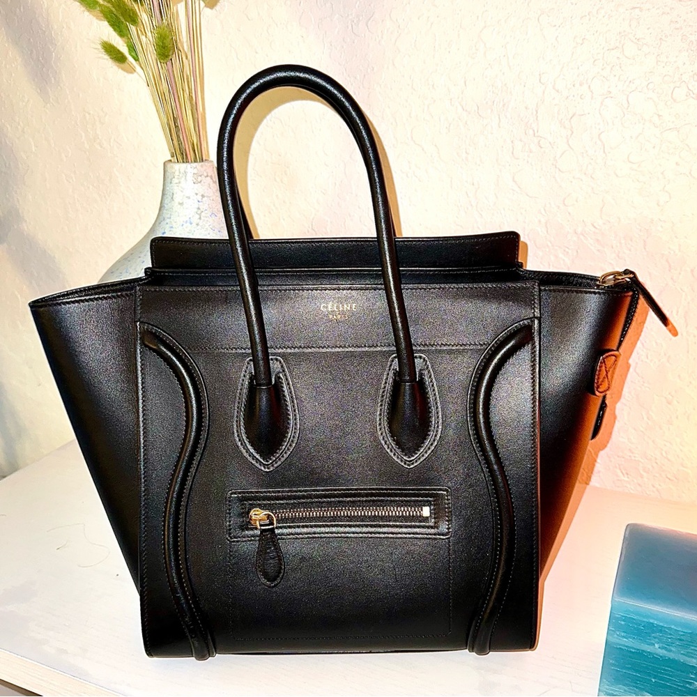 Celine micro luggage handbag - black drummed calfskin leather mini tote